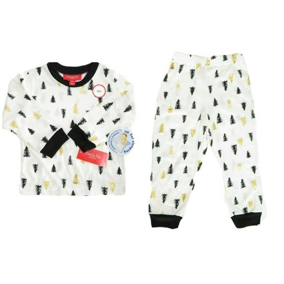 Family Matching Christmas Pajamas Set 2T-3T Kids Sleepwear White Gold/Black Tree - Picture 4 of 9